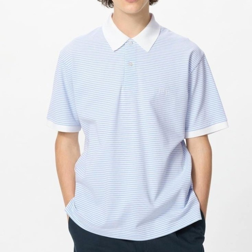 JW Anderson Uniqlo Relaxed Fit Boxy Polo Shirt Men M Light Blue Striped Cotton